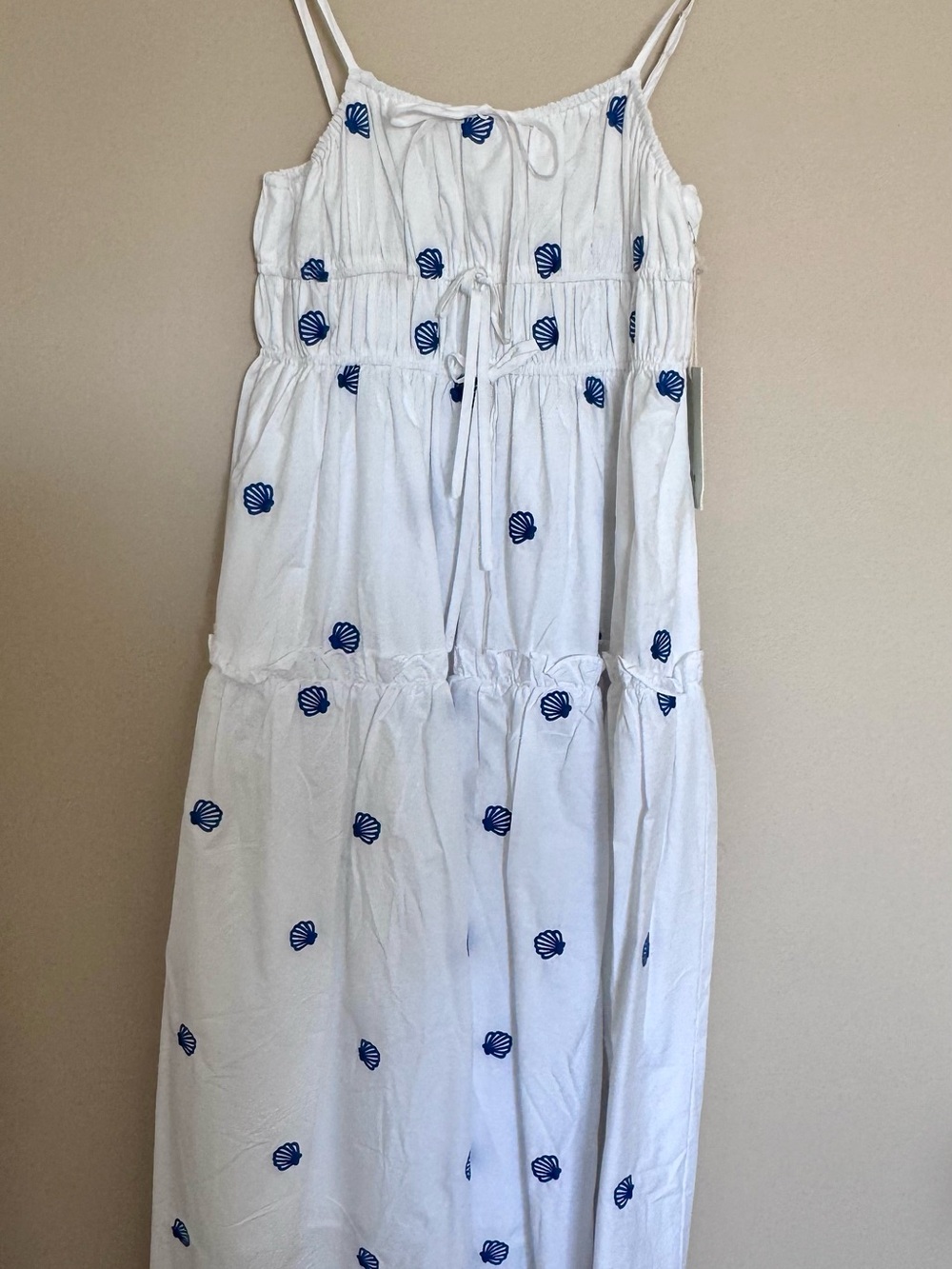 Joie White Midi Dress with Blue Shell Motif